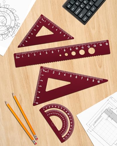 Honagu Triangular Ruler Set, 4 Pieces Aluminum Alloy Ruler, Metal Drafting Ruler, Geometric Protractor for Students, Draftsmen, Engineers, School Office Supplies (Rose Red) - color: Rose Red