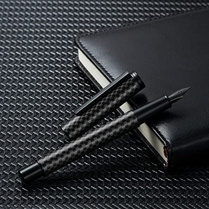 Hongdian Black Forest Carbon Fiber Fountain Pen Medium Nib Modern Design Smooth Writing Pen with Refillable Ink Converter and Metal Pen Case Set - color: Carbon Fiber, style: Medium Point