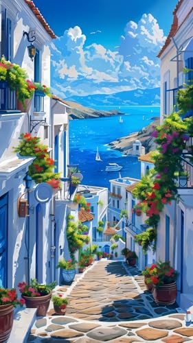 ARTGOTO Coastal Village Diamond Painting Kit for Adults 15.7 x 27.5 Inch | Large 5D Full Square Drill Diamond Art Kit, Mediterranean Ocean DIY Gem Art Canvas with 2 Tool Sets, 30% Extra Diamonds - color: AGT011