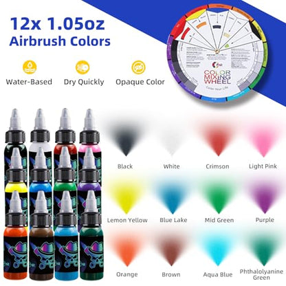 Complete Airbrush Compressor with 3 Airbrushes, Tank, Paint & Holder | Includes 3.2L Air Tank, 12 Colors Paint Set, Cleaning Tools & Mixing Wheel for Model Hobby, Crafts, Shoes, Helmet & Body Art