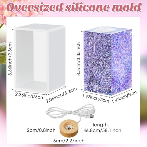 Honoson 3 Pieces Light Resin Silicone Mold Set, Includes 1 Resin Mold and 2 USB Powered Wooden Lighted Base Stands for DIY Table Candle Desktop Lamp Ornaments(2 x 3.5 Inches,Cuboid) - size: 2 x 3.5 Inches, style: Cuboid