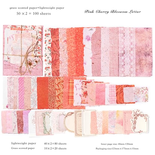 100 Sheets Vintage Scrapbook Papers Journaling Scrapbooking Supplies Kit junk journal supplies Decorative Craft Paper for Planner, Collage Paper Embellishment - color: Pink