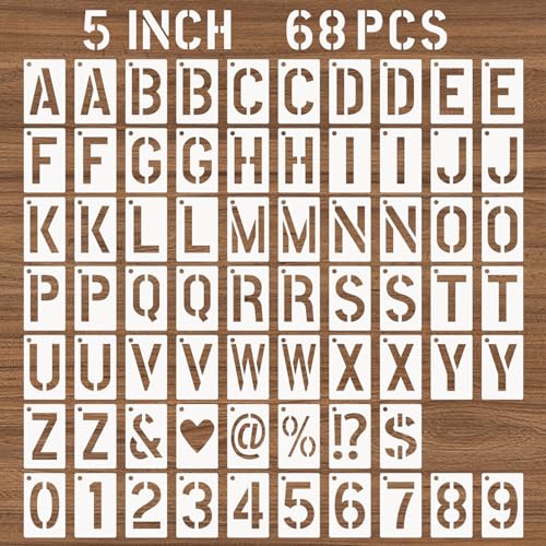 5 Inch Letter and Number Stencils, 68 Pcs Reusable Plastic Alphabet Spray Paint Stencils for Painting on Wood, Wall, Fabric, Rock, Signage, Door Porch, DIY Art Projects - size: 5 Inch