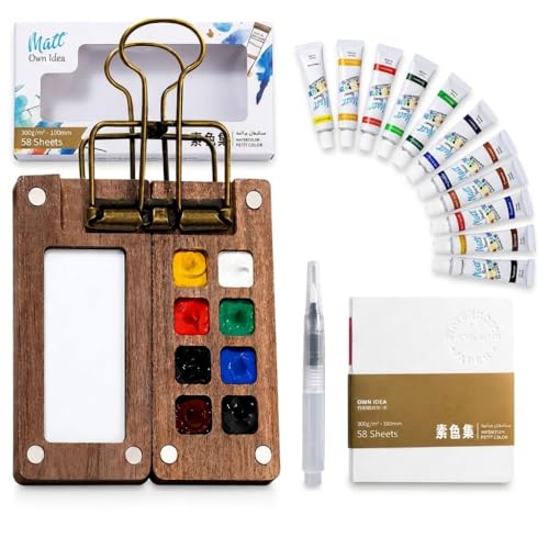 Portable Mini Watercolor Paint Set with Wooden Palette - 12 Watercolor Paint Tubes, 8 Color Pans, Water Brush Pen & 58-Sheet Sketchbook, Travel Watercolor Kit for Beginners & Artists for Sketching