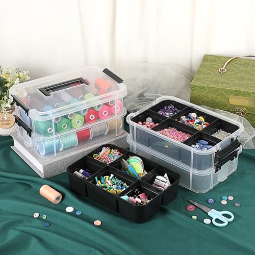 JUXYES 4-Tiers Plastic Stack Carry Storage Containers Box wih Handle Lids - color: Black