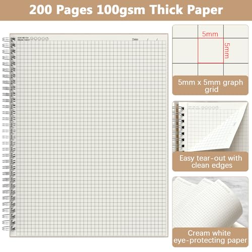 A4 Graph Paper Notebook, 2 Pack Large Spiral Grid Notebook, 200 Pages 100gsm Thick 5mm Square Paper Quad Notebook for Engineering, Math, Taking Notes, Drawing - Kraft Brown Cover, 8.5" x 11" - color: Graph