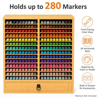 280 Marker Organizer, Bamboo Wooden Storage for Alcohol Markers Pens Pencils, No Assembly, Large Desk Holder for Artists Teachers Students, Classroom Office Art Supply (B With Drawer) - style: B With Drawer