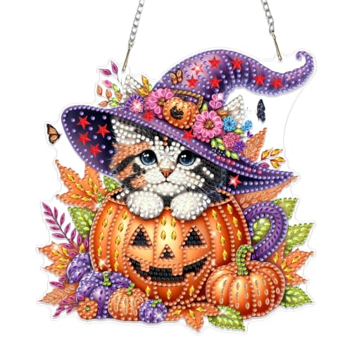 Genius maker Halloween Cat Diamond Art Hanging Ornaments Kits for Adults, Fall Diamond Painting Pendant Kits, DIY Acrylic 5D Special Shaped Crystal Gem Art Painting Ornament for Home Decor 8x8 Inch - color: AS103