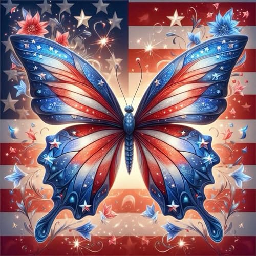 Diamond Painting Kits for Adults, 4th of July American Flag Butterfly 5D Diamond Art Kits for Adults Beginner, DIY Full Drill Round Gem Patriotic Art Paint by Diamond, Home Wall Decor 13.8x13.8 Inch - color: Patriotic Butterfly