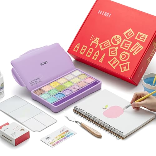 HIMI Deluxe 18 Colors Jelly Gouache Paint Gift Set – Complete Art Kit with Pad, Spray, Palette, Brushes, Painting Knife, Foldable Bucket & Refills for Beginners, Students & Artists (Purple) - color: 18 colors