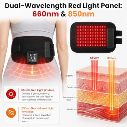 Cordless Red Light Therapy Heat Pad for Back, 660nm & 850nm Near Infrared Red Light Wrap with 6 Brightness Levels 6 Time Settings, 5000mAh Rechargeable Wearable Light Belt for Body