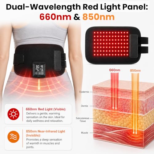 Cordless Red Light Therapy Heat Pad for Back, 660nm & 850nm Near Infrared Red Light Wrap with 6 Brightness Levels 6 Time Settings, 5000mAh Rechargeable Wearable Light Belt for Body