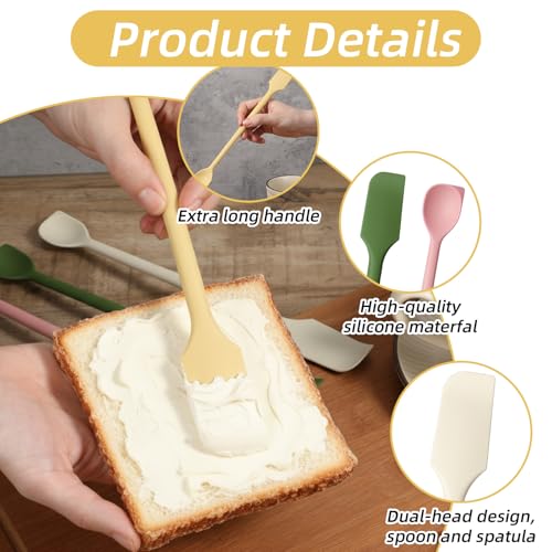 4 Pcs Long Dual-End Silicone Spatula, Small Spatula & Stirring Spoons for Jam Jars & Makeup, Thin Curved End for Scraping, Slim Spoon End for Scooping and Mixing (10.43 Inch)