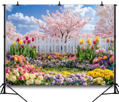 8x6FT Spring Garden Backdrop Secret Floral Garden Tulip Peach Blossom White Fence Backdround for Spring Easter Birthday Party Decoration Vinyl - size: 8x6FT