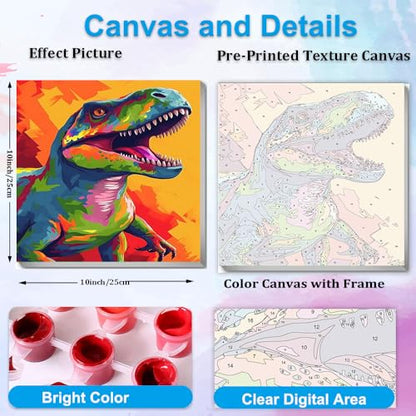 Artunion Framed Paint by Numbers Kit for Adults Beginners & Kids Ages 8-12,Colourful Dinosaur Paint by Number with Frame,Animals Paint by Numbers Kit on Canvas 10 * 10 Inch Without Easel - color: ZXT-183-F