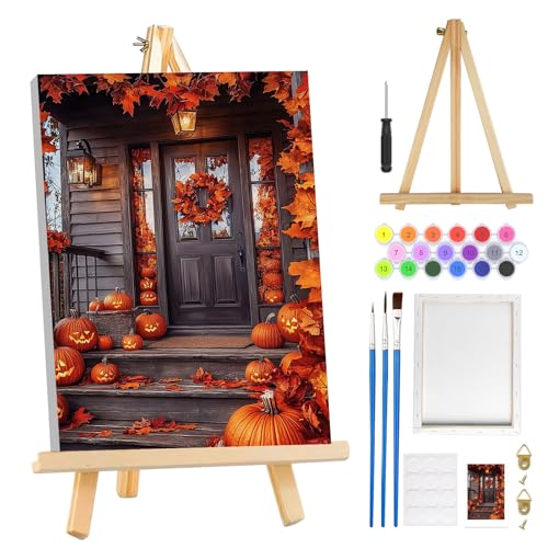 MOGTAA Fall Paint by Numbers Kit for Adults Beginners with Frame, Pumpkin Landscape Adult Paint by Number Kits on Canvas with Easel, Easy DIY Oil Painting Kits for Home Decor, 8x12in - color: Fall Pumpkin3