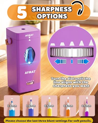 AFMAT Electric Pencil Sharpener, Fully Automatic Pencil Sharpener for 6-12mm No.2/Jumbo Pencils, Auto in & Out, 5 Sharpness Modes, Rechargeable Heavy Duty Sharpeners for Classroom/Home/Office PSC7 - color: Purple