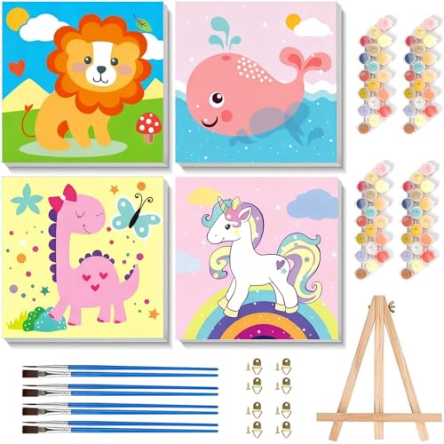 Arttoplus 4 Pack Paint by Numbers Kit for Kids with Frame Animals 8x8inch | Cute Animals Kids Paint by Numbers Ages 4-8-12 with Wooden Easel, Easy DIY Oil Painting by Number for Gift Home Wall Decor - color: BKH2036+BKH2037+BKH2038+BKH2039