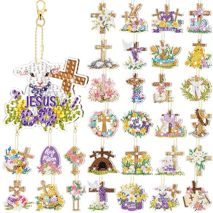 WILLBOND 30 Pcs Easter Diamond Art Keychain Kits He is Risen 5d DIY Double Sided Diamond Painting Keychain Religious Christian Cross Hanging Ornaments for Adults Beginners Key Ring Pendant Crafts - color: Cross