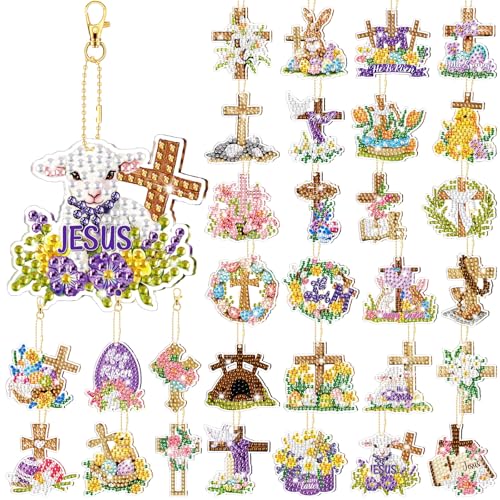 WILLBOND 30 Pcs Easter Diamond Art Keychain Kits He is Risen 5d DIY Double Sided Diamond Painting Keychain Religious Christian Cross Hanging Ornaments for Adults Beginners Key Ring Pendant Crafts - color: Cross