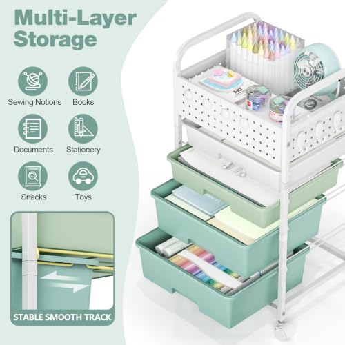 4 Drawer Rolling Storage Cart with Pegboard Top and Hooks, Gradient Green - color: Gradient Green, size: 4-Drawers