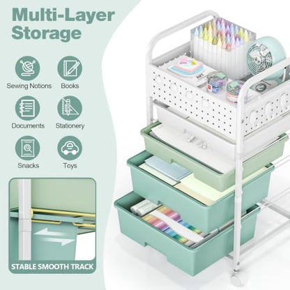 4 Drawer Rolling Storage Cart with Pegboard Top and Hooks, Gradient Green - color: Gradient Green, size: 4-Drawers