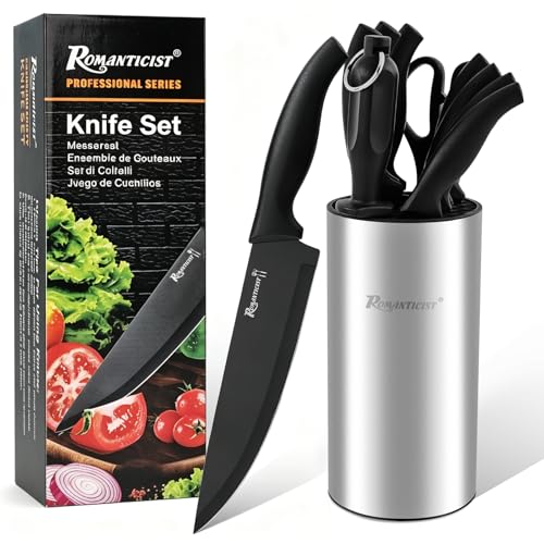 ROMANTICIST Knife Set, 10 Pieces Knife Block Set - Stainless Steel Kitchen Knives with Sharpener and Cheese Knife, Non-Slip Ergonomic Handles, Exquisite Knives Set - Stylish Black - color: Silver round knife block