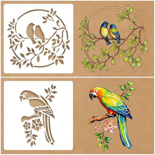 16 Pcs Birds Stencils for Painting Reusable Plastic 6×6 Inch Birds with Branch Stencils Drawing Templates for Crafts DIY Wall Canvas Notebook Knit Card Wood