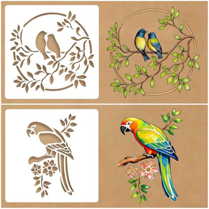 16 Pcs Birds Stencils for Painting Reusable Plastic 6×6 Inch Birds with Branch Stencils Drawing Templates for Crafts DIY Wall Canvas Notebook Knit Card Wood