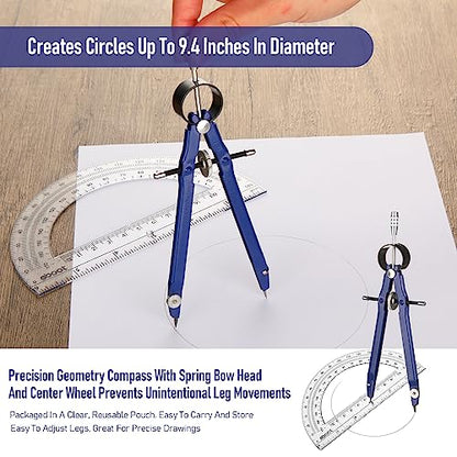 EBOOT Student Geometry Math Set, Metal Drawing Compass and 6 Inch Clear Swing Arm Protractors 180 Degree Math Protractor(Blue) - color: Blue