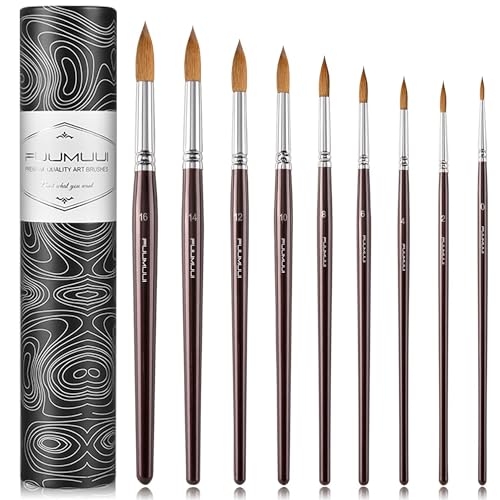 Sable Watercolor Brushes 9pcs Professional Superior Kolinsky Watercolor Paint Brushes for Artists Round Pointed Oval Wash for Watercolor Acrylics Gouache Inks Painting - color: Brown-9pcs