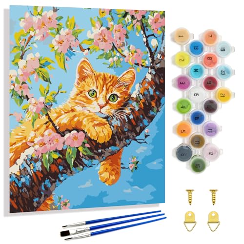 Yunnuo Paint by Numbers Kit for Adults-Cat on the Tree,DIY Animal Paint-by-Number Kits for Beginner,Flower Paint by Number on Canvas,Suitable for Decoration & Gift(16'W x 20'L) - color: A-001-tree cat