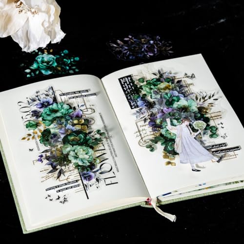 120 Pcs Gothic Floral PET Stickers for Scrapbooking | Blooming in the Dark Night theme with botanical motifs for junk journaling, collage, card making, and DIY crafts - color: Midnight Bloom