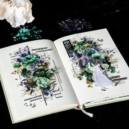 120 Pcs Gothic Floral PET Stickers for Scrapbooking | Blooming in the Dark Night theme with botanical motifs for junk journaling, collage, card making, and DIY crafts - color: Midnight Bloom