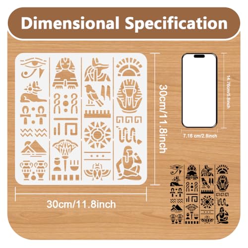 11.8"x11.8" Egyptian Wall Stencil Templates, Egyptian Hieroglyphs Reusable Plastic Stencils for Painting on Wood Floor Tile Fabric Glass Furniture Egyptian Writing DIY Home Decor Template - style: Egyptian