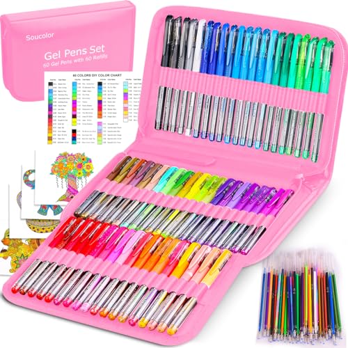 Soucolor 120 Gel Pens Set, Metallic Glitter Pastel,Refills,Drawing Kit Gift - color: Pink