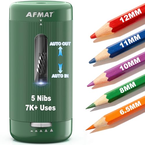 AFMAT Electric Pencil Sharpener, Auto in & Out, 5 Nibs, 7K+ Uses, Fully Automatic Pencil Sharpener for Classroom, Rechargeable Hands-Free Sharpeners for Jumbo/Colored Pencils (φ6.5-12mm) PSC3(Green) - color: Green