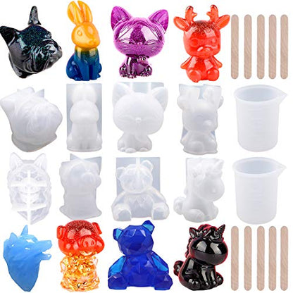 EuTengHao 20Pcs 3D Animal Resin Molds Tools Set Includes 8 Resin Casting Molds Large Clear Epoxy Silicone Molds 2 Measurement Cup 10 Wood Sticks for Resin Craft DIY