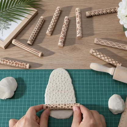 Conderyang 16Pcs Wooden Clay Texture Roller Set Clay Modeling Pattern Rollers Wooden Texture Rollers Wood Pottery Tools Pottery Tool Set for Artists Art Creation Ceramic DIY, 4In x 0.6In（Style 2) - color: Style 2