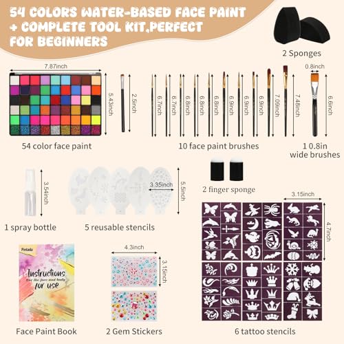 Pintada 54 Color Face Painting Kit for Kids - Non Toxic Water Based face paint Set with Brushes, Stencils, Gems & Sponges, - Safe for Sensitive Skin, Halloween, Birthday Parties, Cosplay & Festivals - color: 54 Colors With Brush Set