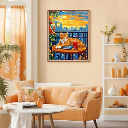 Cat Paint by Numbers Kit for Adults, City Sunset, Oil Painting 16x20 Inch | Paint by Numbers Kit for Adults, Cat on Balcony with City Sunset, DIY Oil Painting, Pre-Printed Canvas, 16x20 Inch - color: B3-Cat
