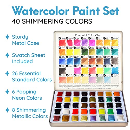 MozArt Japanese Watercolor Paint Set – 40 Colors Metallic & Neon Kit | Artist-Quality Watercolor Kit – 40 Rich Colors with Metallic & Neon – Blending, Layering & Mixed Media Art Supplies Adults - color: Watercolor 40 set