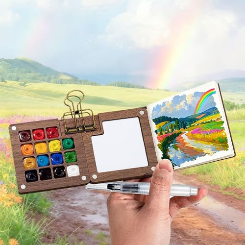 Tobeno1 Mini Watercolor Paint Set, Wooden Mini Portable Paint Palette Travel Kit, with Paint, Brush, Sketchbook & Copper Clip, for Beginners, Artists & Painting Enthusiasts (1 Set)
