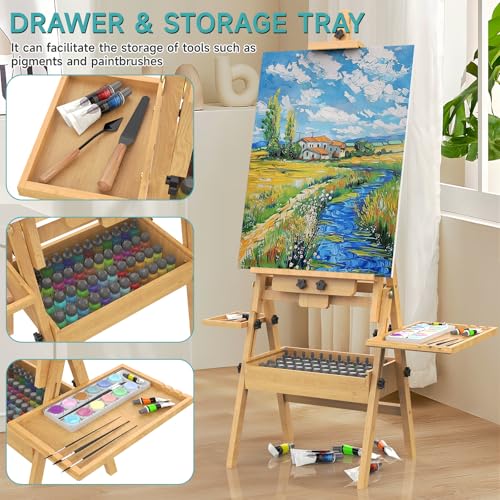 Solid Beech Wood H-Frame Easel with 2 Palette and Storage - color: Natural Wood
