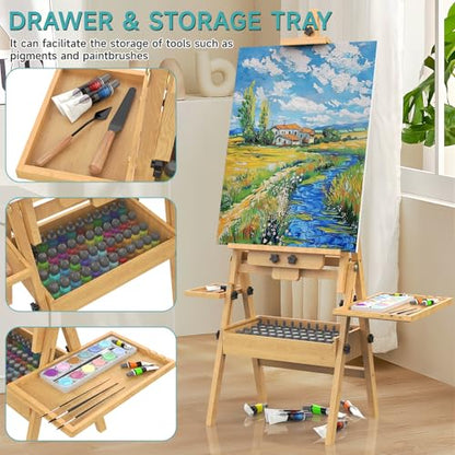 Solid Beech Wood H-Frame Easel with 2 Palette and Storage - color: Natural Wood
