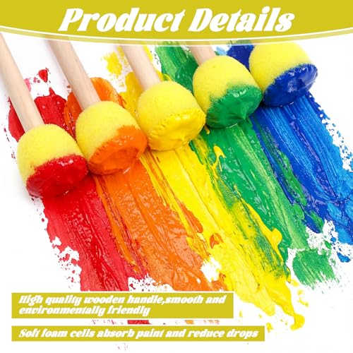200 Pcs Round Sponge Paint Brush Set with Wooden Handle, Round Paint Sponge Daubers for Acrylic Crafts, Stippling & DIY Art Projects (0.59 Inch Yellow Sponges Head, 3.15 Inches Long)