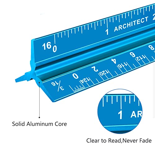 Architectural Scale Ruler, Imperial Measurements 12'', Laser-Etched Aluminum Architect Triangular Ruler for Architects, Students, Draftsman, and Engineers(Blue) | Blue, Laser-Etched Aluminum Architect Triangular Ruler for Architects, Students, Draftsman,