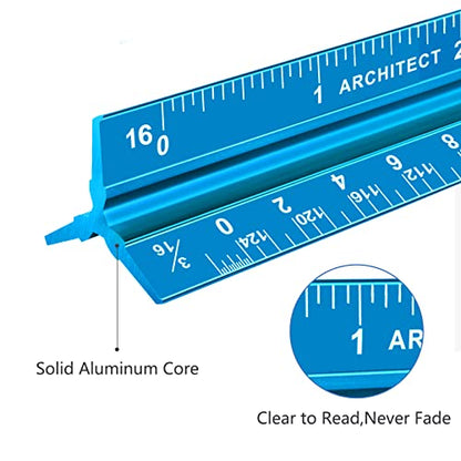 Architectural Scale Ruler, Imperial Measurements 12'', Laser-Etched Aluminum Architect Triangular Ruler for Architects, Students, Draftsman, and Engineers(Blue) | Blue, Laser-Etched Aluminum Architect Triangular Ruler for Architects, Students, Draftsman,