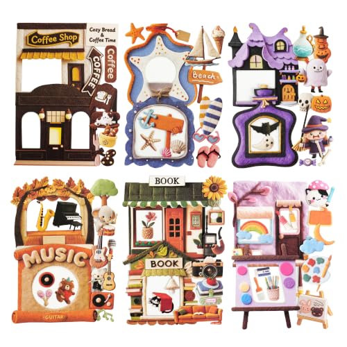 120 Pcs Mini Scene Stickers for Scrapbooking and Journaling | Coffee shop, beach, Halloween, music, books and art themes with framed scenes and mini icons on cardstock; 120 designs - color: Daily Handicraft