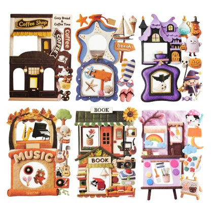 120 Pcs Mini Scene Stickers for Scrapbooking and Journaling | Coffee shop, beach, Halloween, music, books and art themes with framed scenes and mini icons on cardstock; 120 designs - color: Daily Handicraft